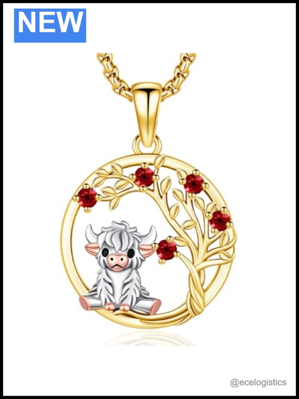 925 Sterling Silver Highland Cow Pendant Necklace CZ Tree of Life Gift